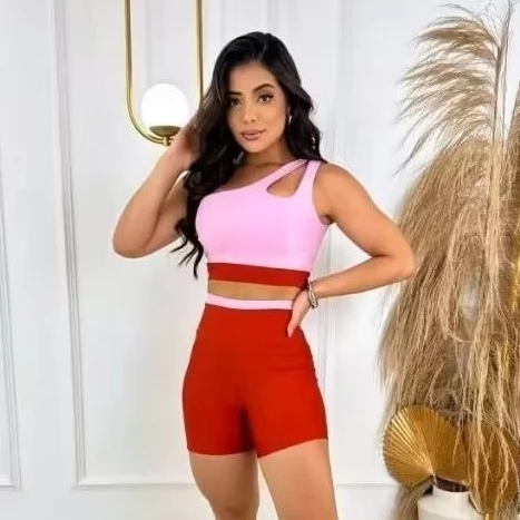 Conjunto Fitness Feminino Bicolor Top Nula Manga + Short Cós Alto Zero Transparência