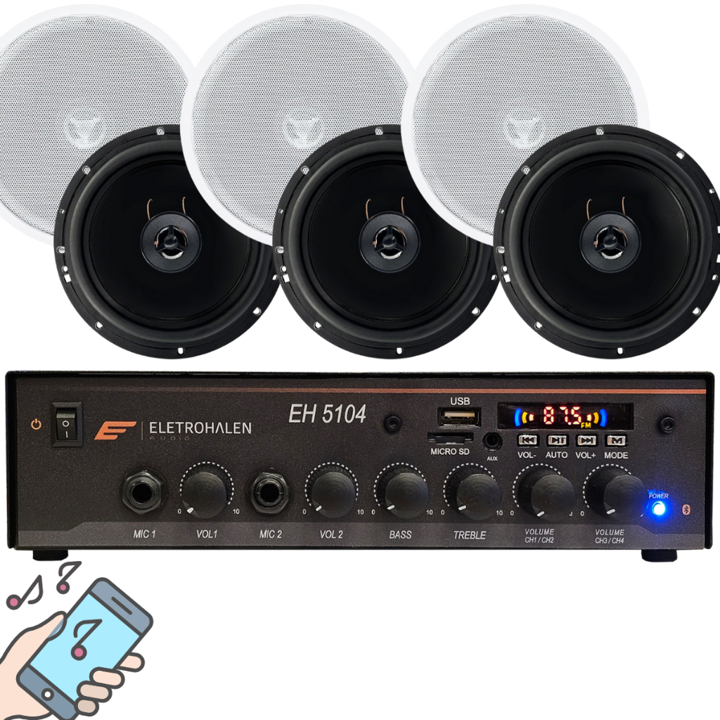 Kit Som Ambiente Bluetooth 2 Zonas + 6 Caixas De Som Coaxial Sistema de Som Receiver Central