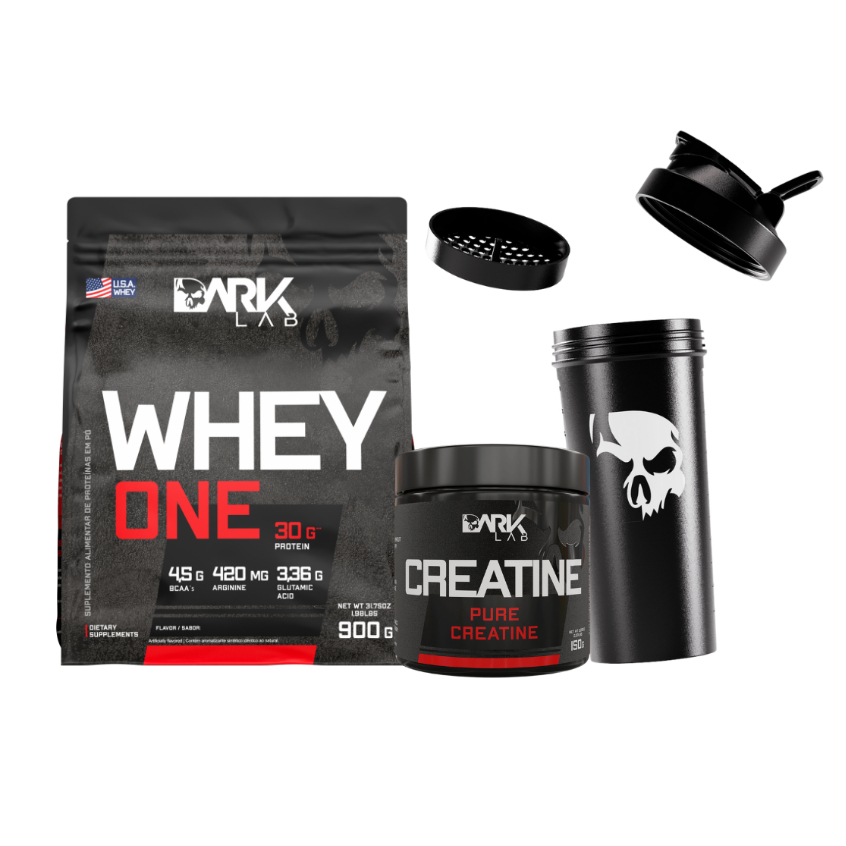 Whey Protein One Refil 900g + Creatina Monohidratada Pura 150g + Coqueteleira Fuse 700ml Dark Lab