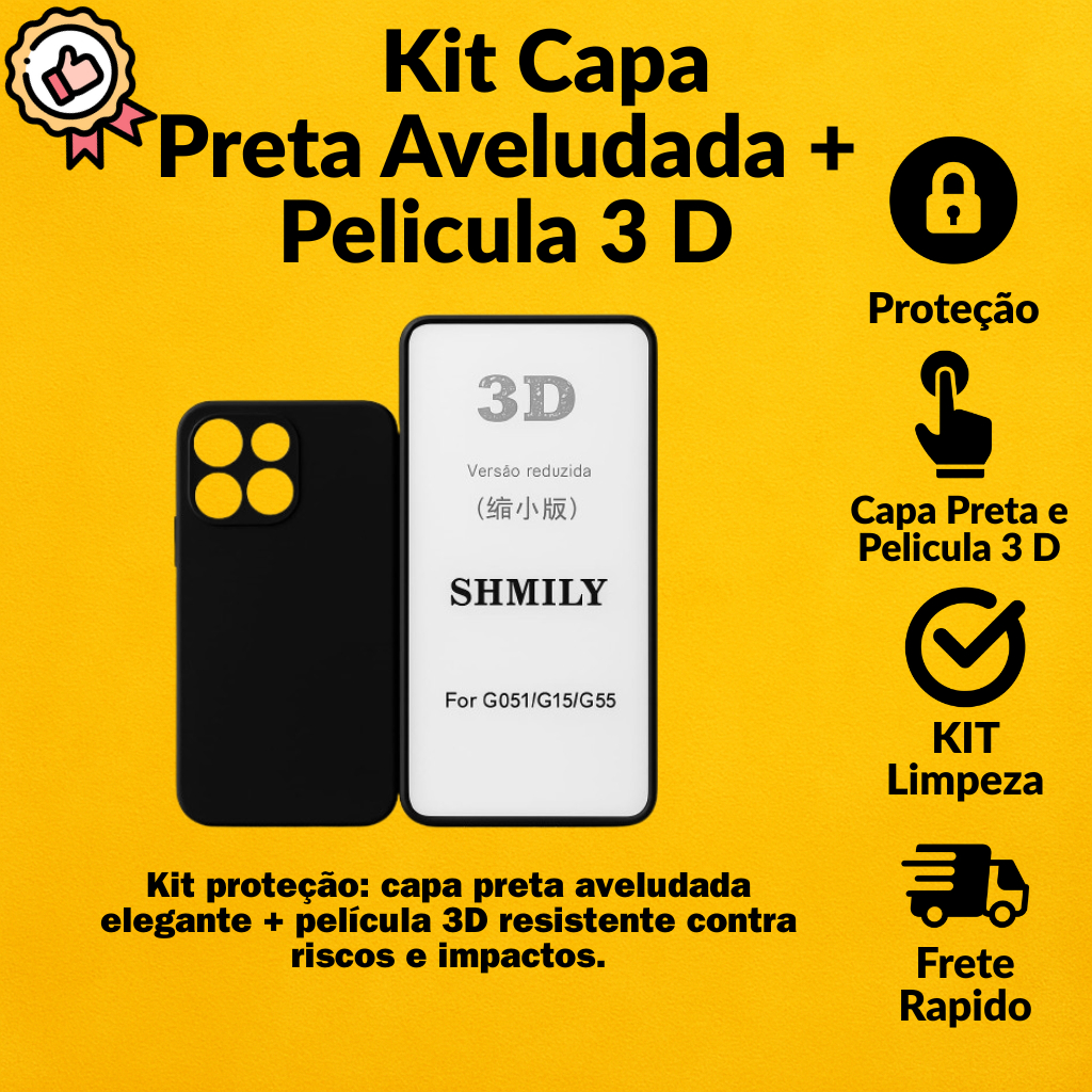 Kit Capa Preta Aveludada + Película 3D de Vidro Temperado para Motorola G15 em Oferta na Shopee