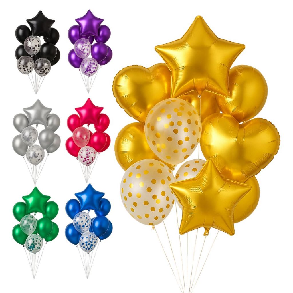 Kit Buque Balão Metalizado 14 Peças com Estrela Coração Confete para Decoração de Festa em Oferta na Shopee