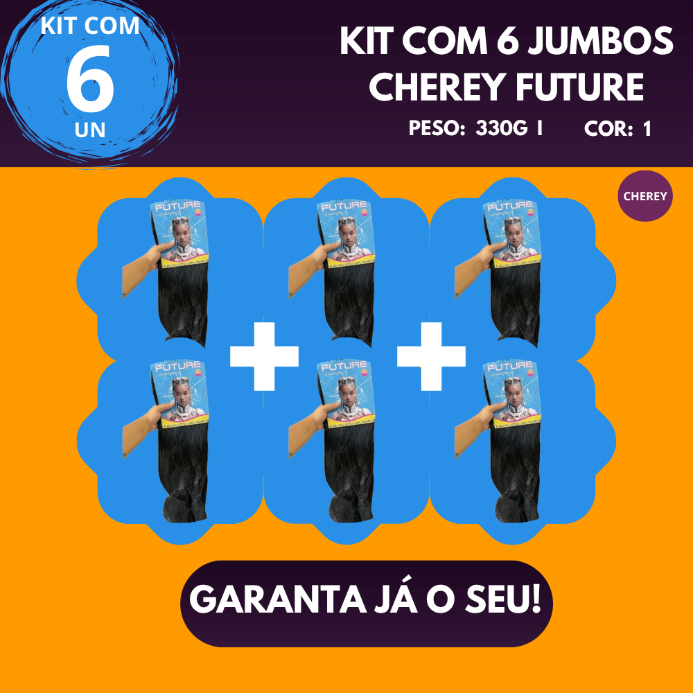 Kit Com 6 UN - Jumbo Sintético Cor 1 Da Cherey Future 330g Cabelo Sintético Para Tranças Box Braids