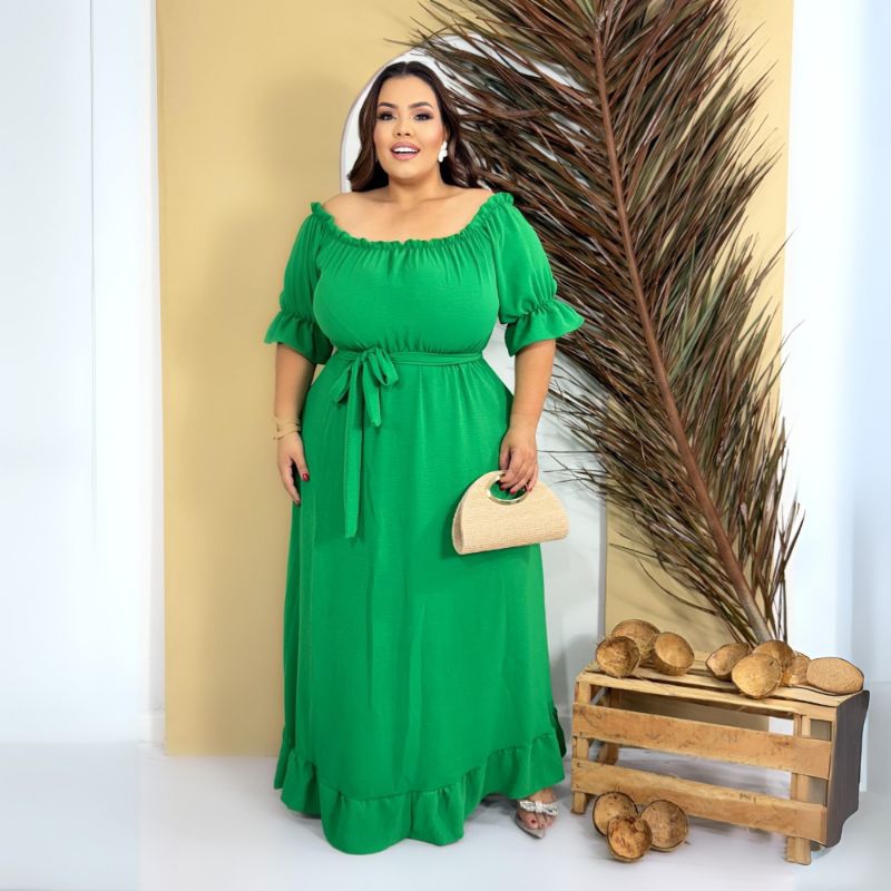 Vestido Longo Ciganinha Plus Size Feminino Ombro a Ombro em Duna Premium – Do 48 ao 58 Curves