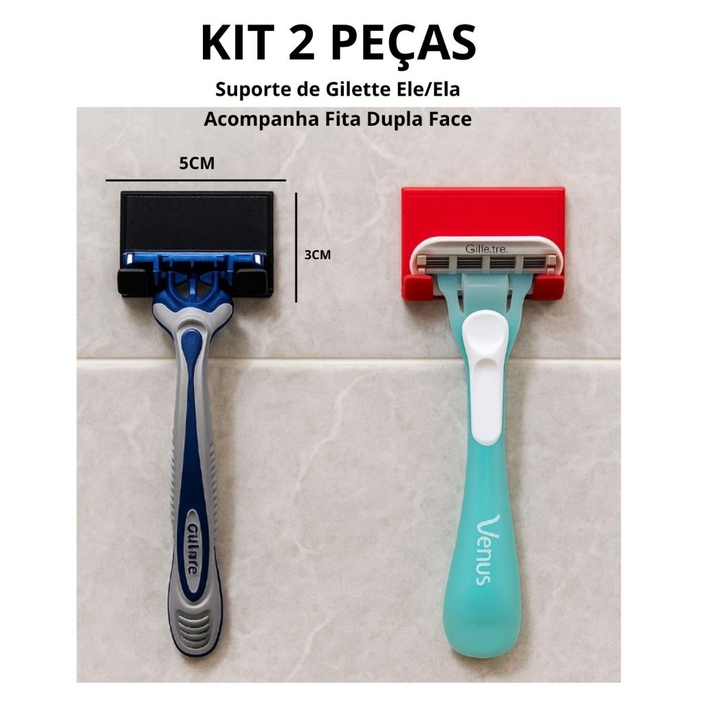Kit com 2 Suportes para Gilette Lâmina de Barbear  ELE/ELA – Preto e Vermelho + Fita Adesiva