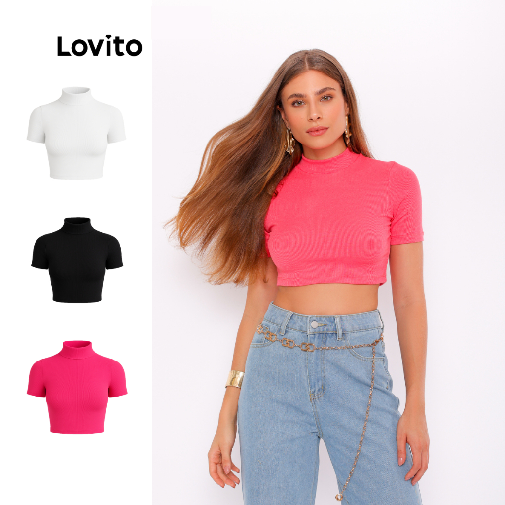 Lovito Top Camiseta Feminina Manga Curta Cropped  LB711BRL741 em Oferta na Shopee
