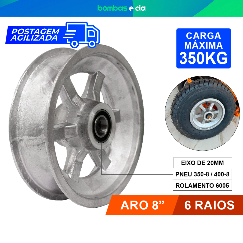 Roda de Alumínio 8 Polegadas 6 Raios Com Rolamentos até 350kg