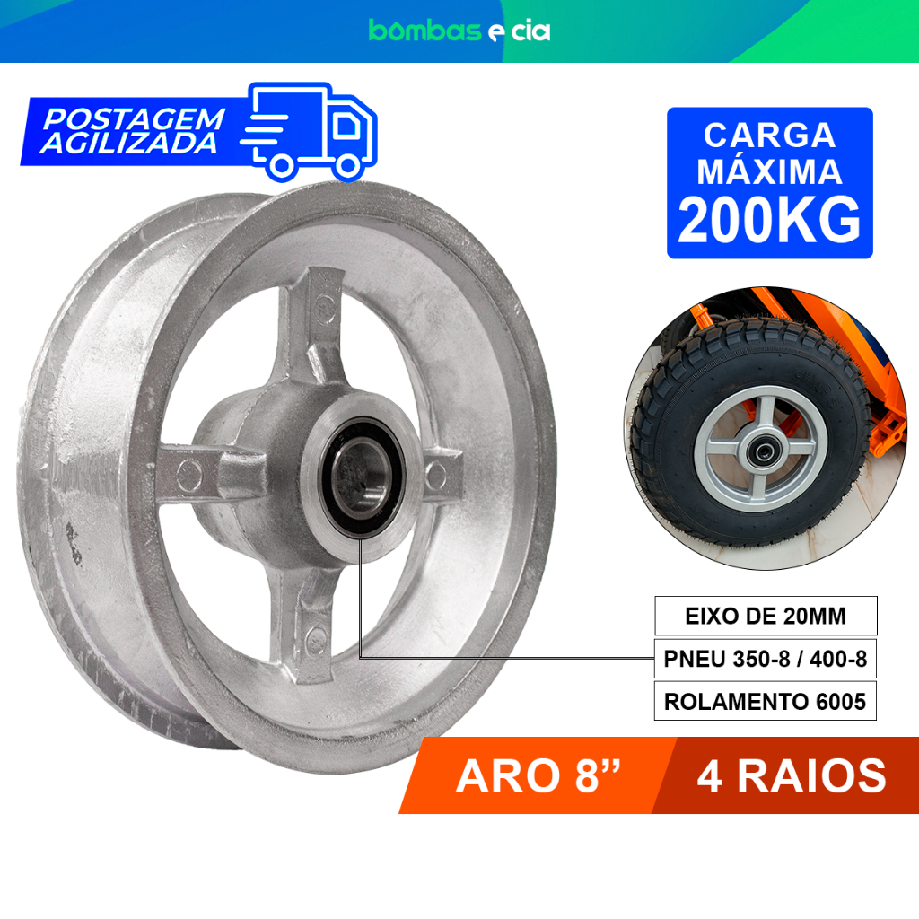 Roda Alumínio Aro 8 com 2 Rolamentos 6005 4 Raios até 200kg Para Carretas