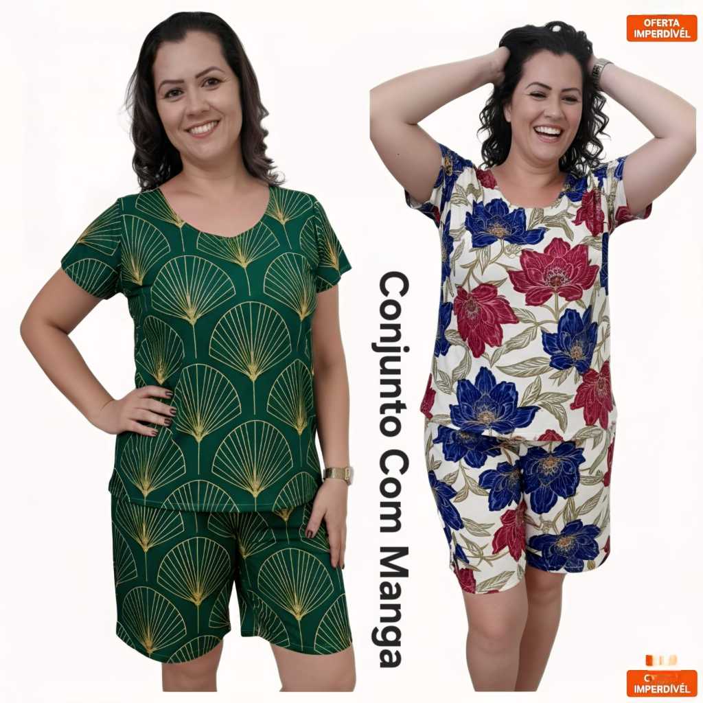 Conjunto com manga de liganete para senhoras feminino Blusa e short Kits com 1,2,3 em Oferta na Shopee