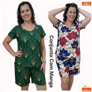 Conjunto com manga de liganete para senhoras feminino Blusa e short Kits com 1,2,3 em Oferta na Shopee
