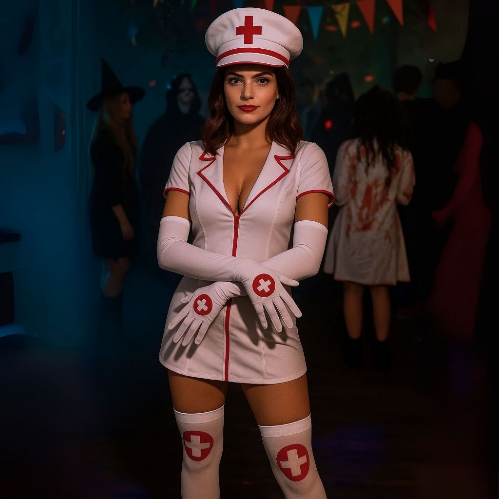 Kit Fantasia Enfermeira Sexy Luva Meia Quepe Hospital Médica Cosplay Halloween Adulta Carnaval