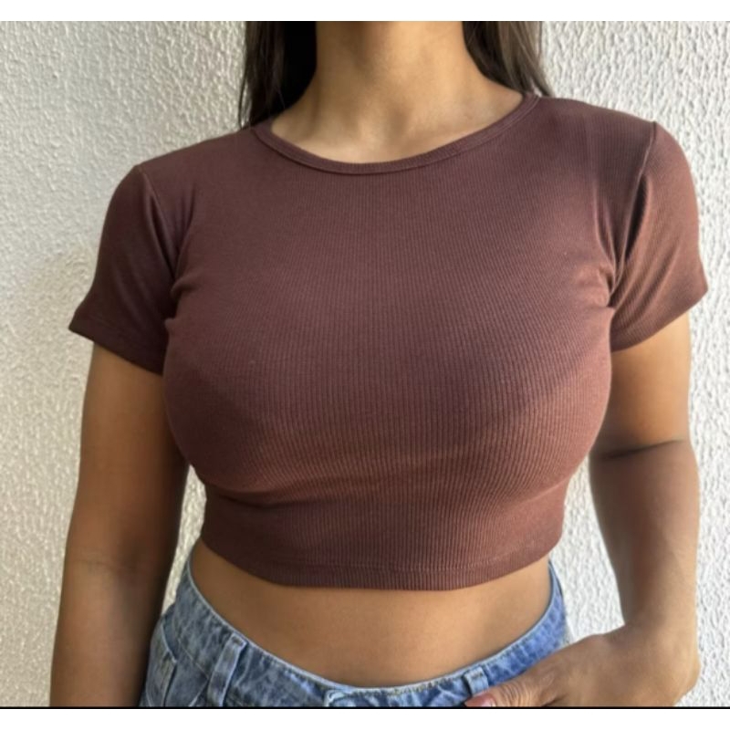 Cropped Canelado Feminino Algodão com Elastano – Tamanhos G (38-42) / GG (42-46) – Cores: Branco, Preto, Nude e Marrom
