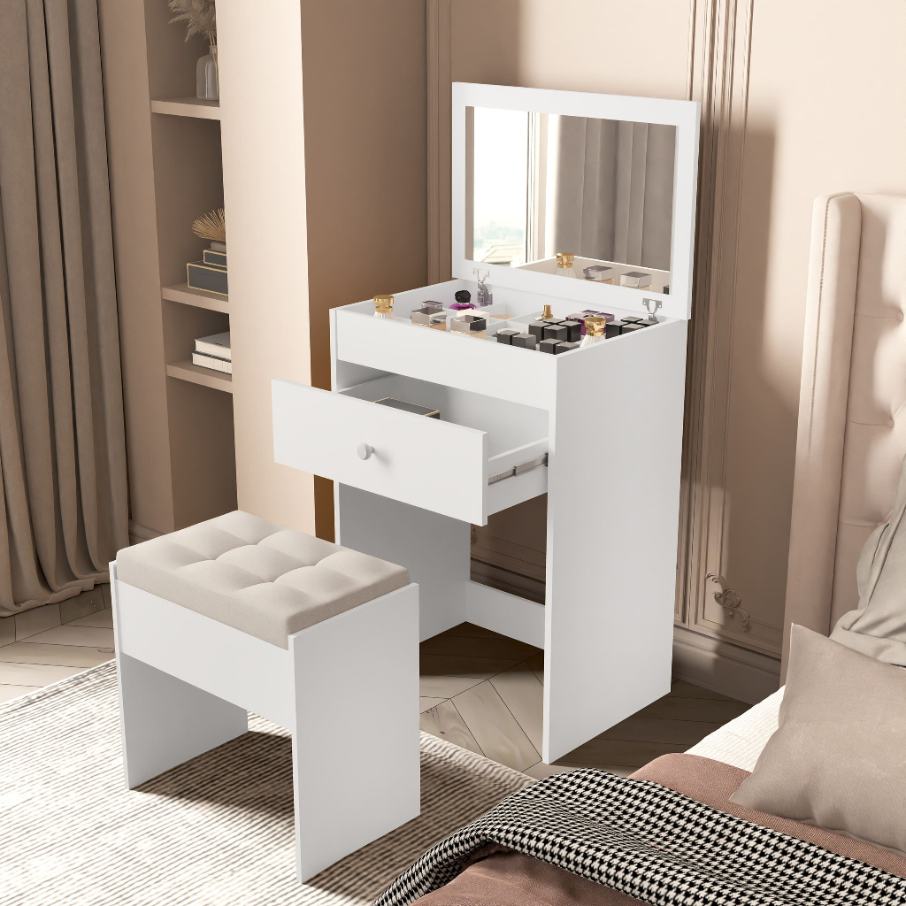Penteadeira Clara 100% MDF Compacta com Espelho Banqueta Estofada 1 Gaveta e Divisórias Co...