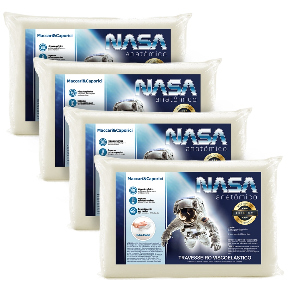 Kit 04 Travesseiros Nasa Cervical Anatômico Ortopédico 50cmx70cm 14cm de Altura 100% Viscoelástico