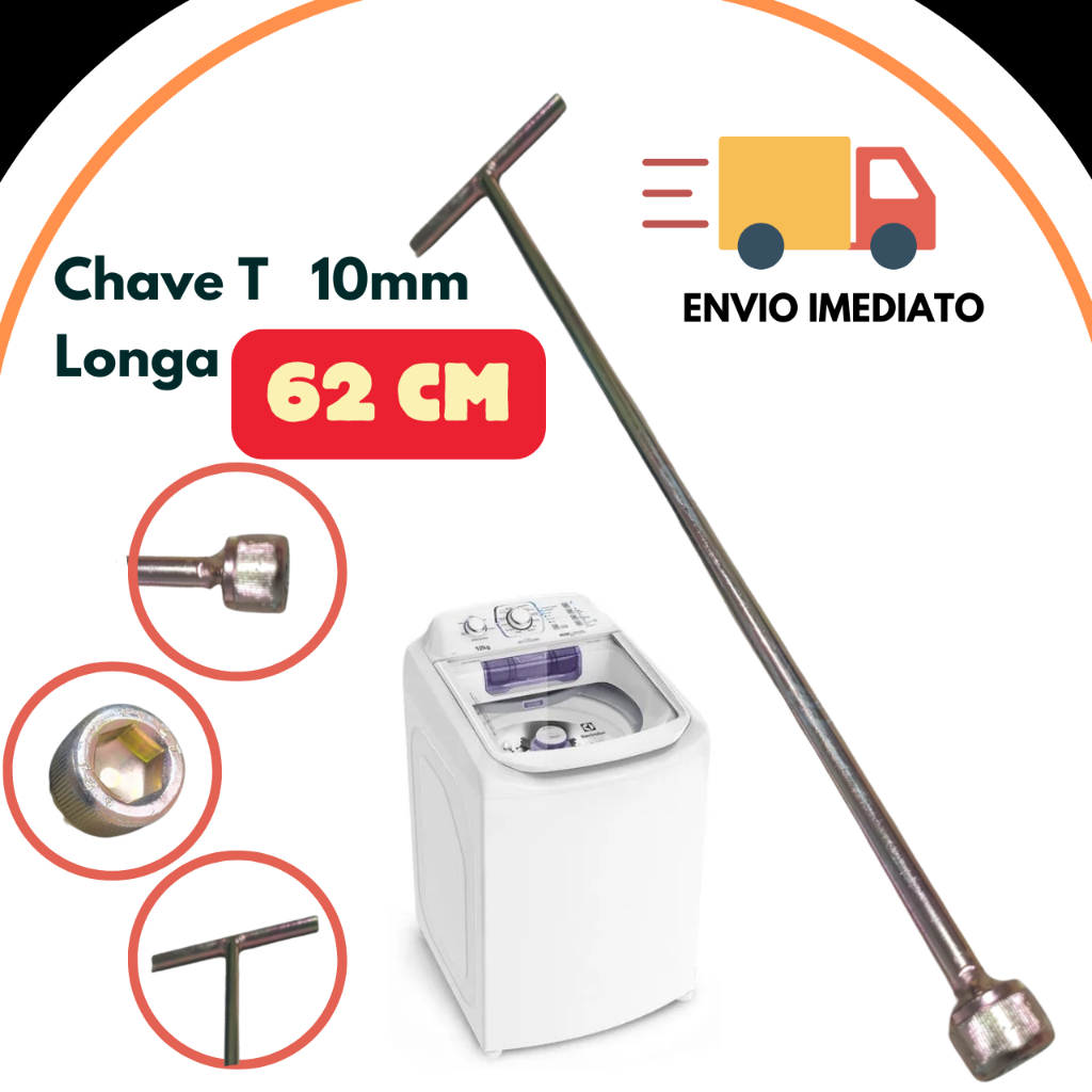 Imagem Chave T 10mm Longa 62cm para Limpeza Máquina de Lavar Agitador Brastemp Electrolux