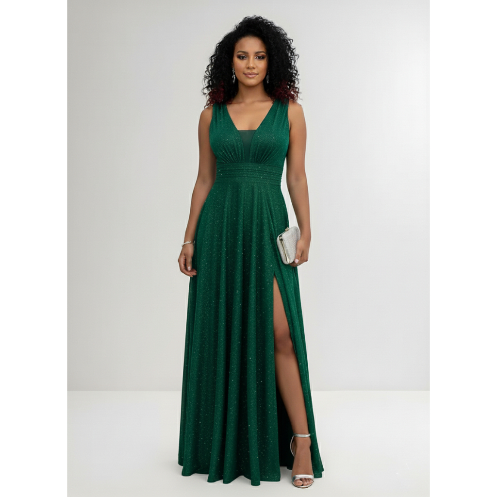 Vestido Longo Madrinha Tule Brilho Para Festa Com Fenda