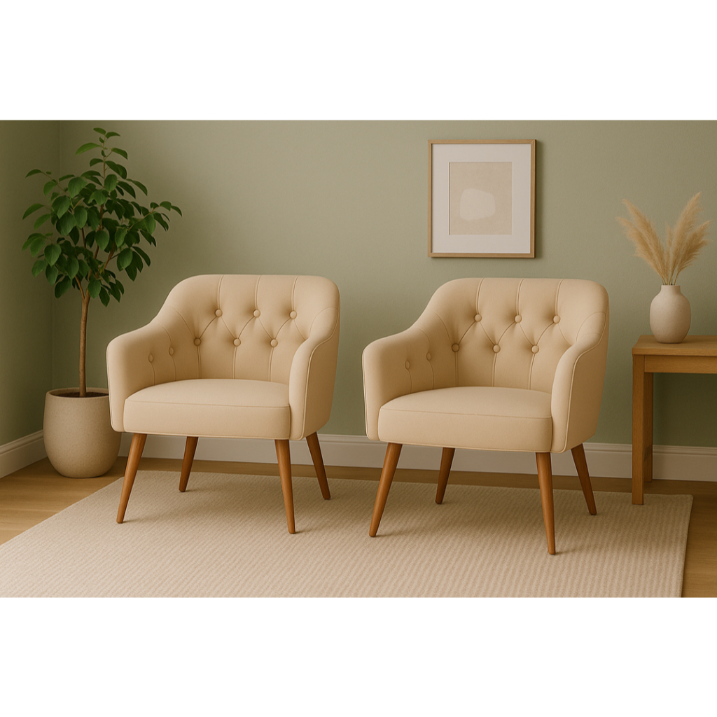 Kit 2 Poltronas Decorativas Sala de Estar Quarto Escritório Rubi Pés Madeira Veludo Capitonê