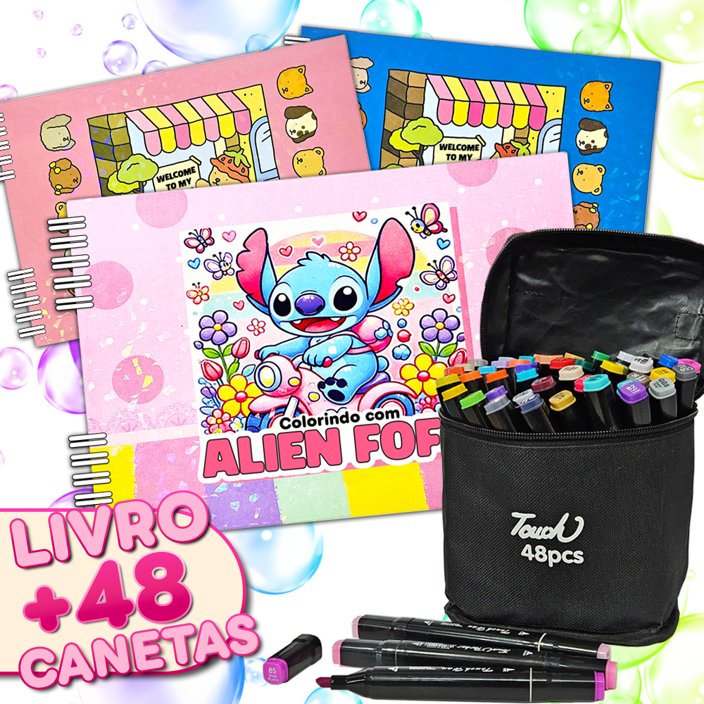 KIT Livro para Colorir Hello Kitty Stitch 50 Folhas + Canetas Marcadoras 12-48 cores Profissionais
