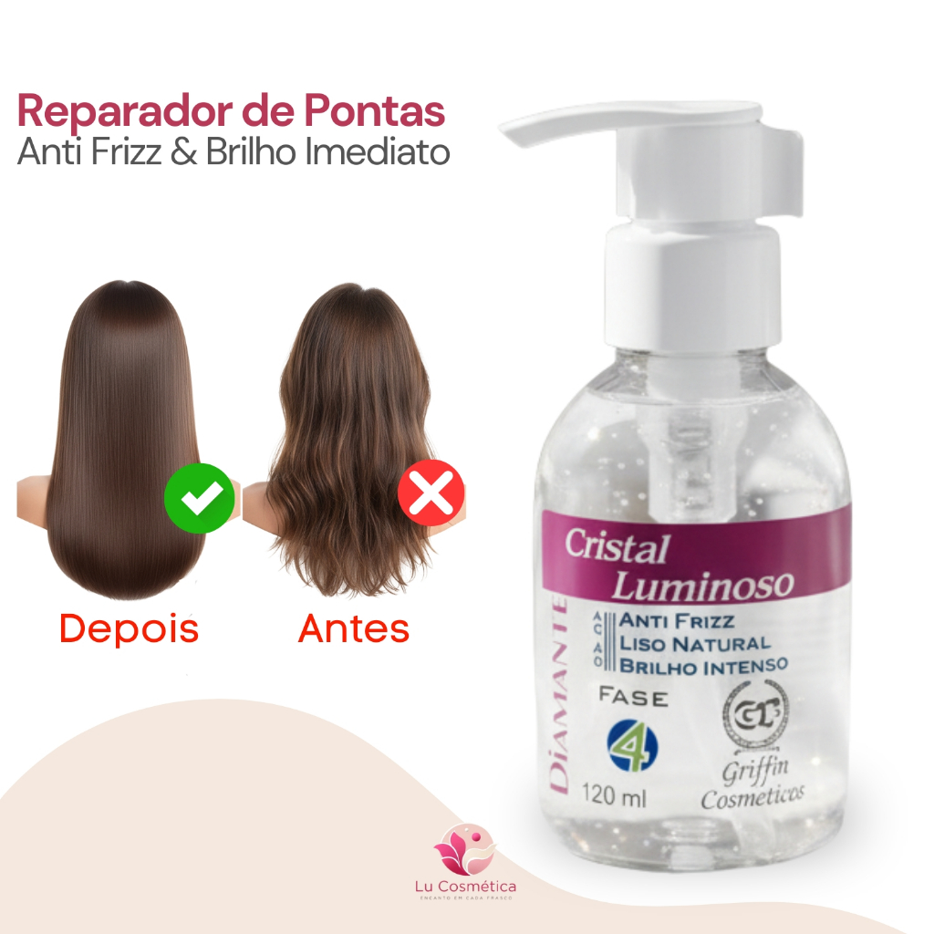 Reparador de Pontas Cristal Luminoso 120ml Anti Frizz Brilho Intenso Liso Natural Griffin Cosméticos em Oferta na Shopee