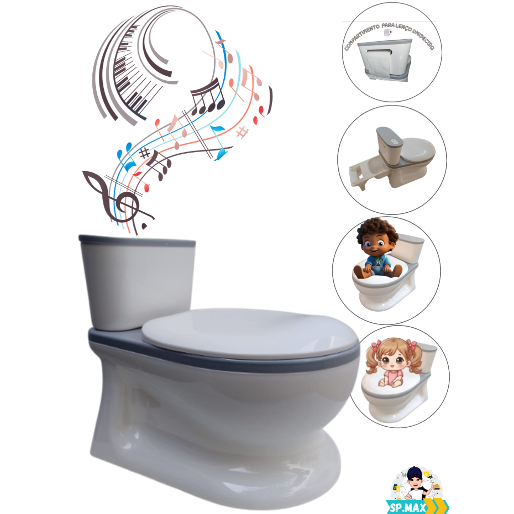 Privadinha Banquinho Musical (Simula Som Real da Descarga)até 32Kg Infantil Troninho Desfralde Cinza