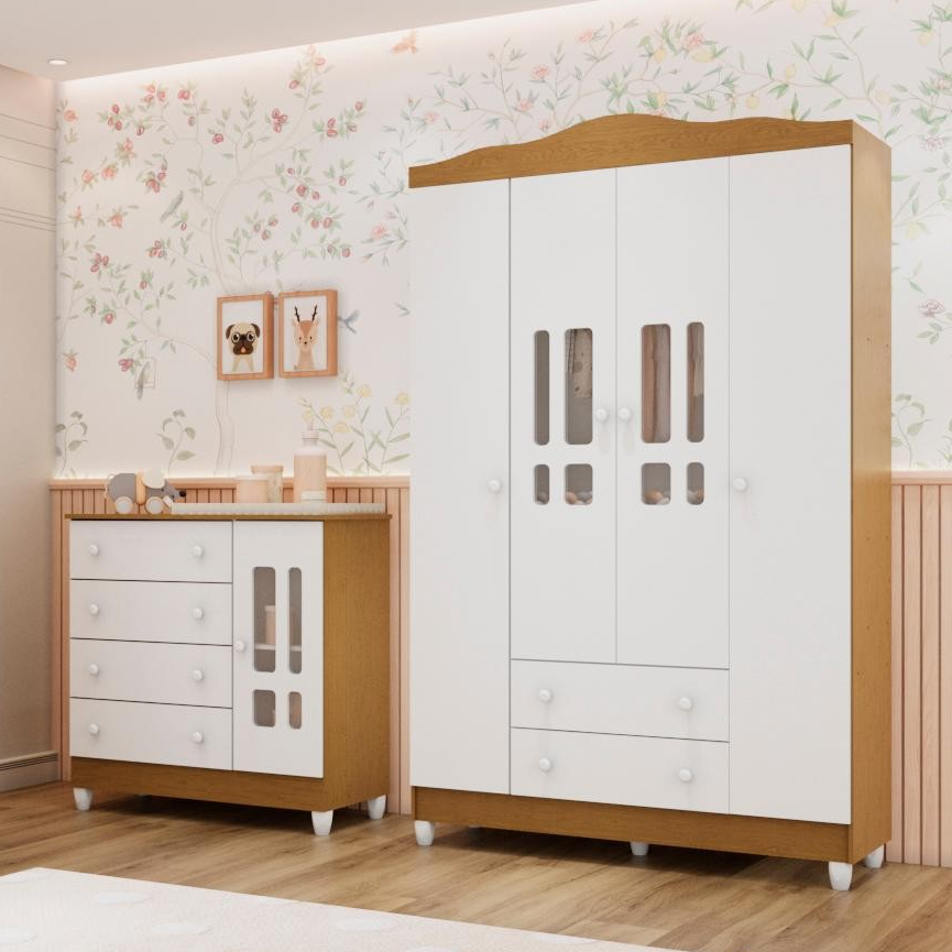 Quarto Bebê Guarda Roupa 4 Portas Cômoda 4 Gavetas 1 Porta 100% MDF em Oferta na Shopee
