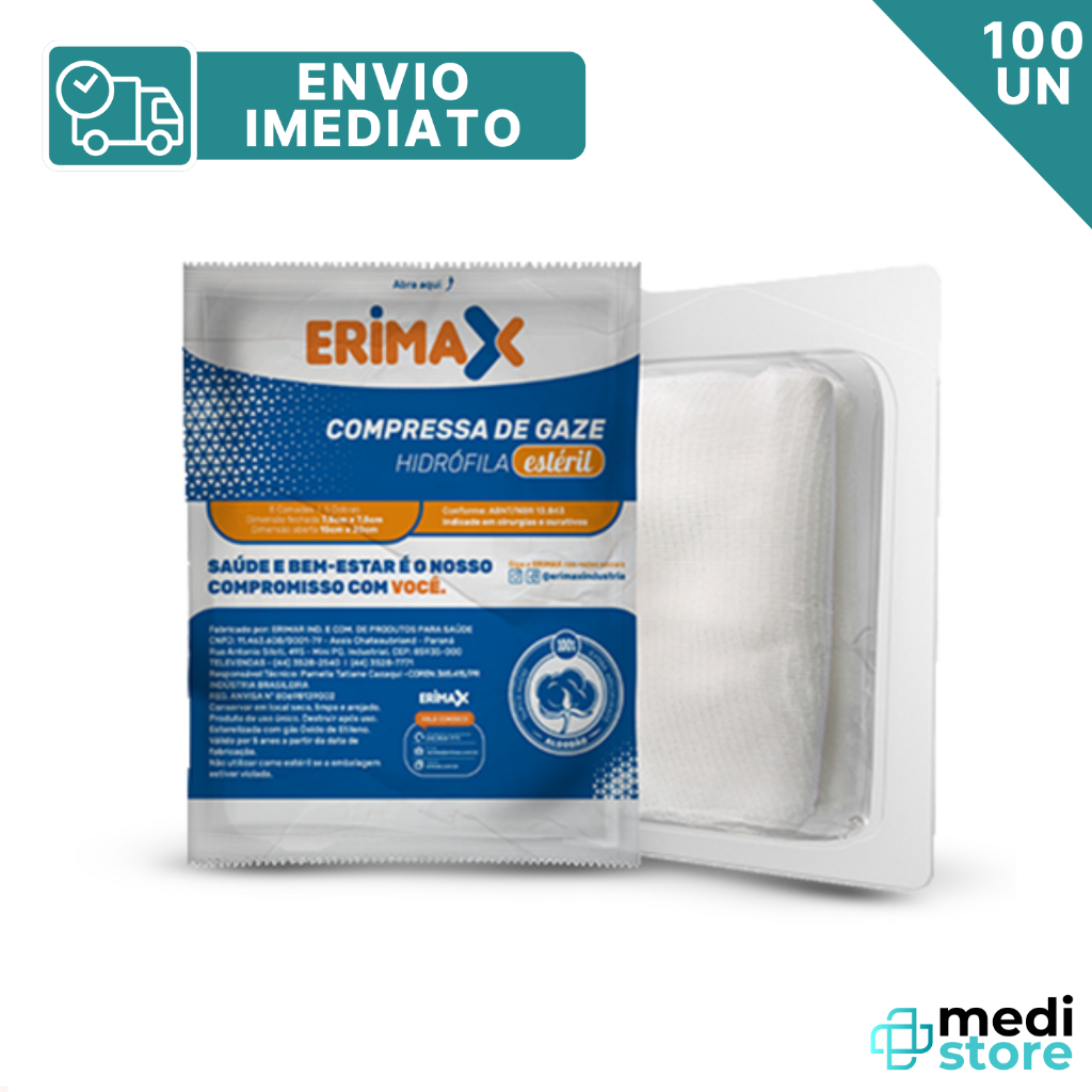 Kit com 100 Compressas de Gaze 7,5X7,5 Estéril 13Fios ERIMAX - Envio imediato em Oferta na Shopee