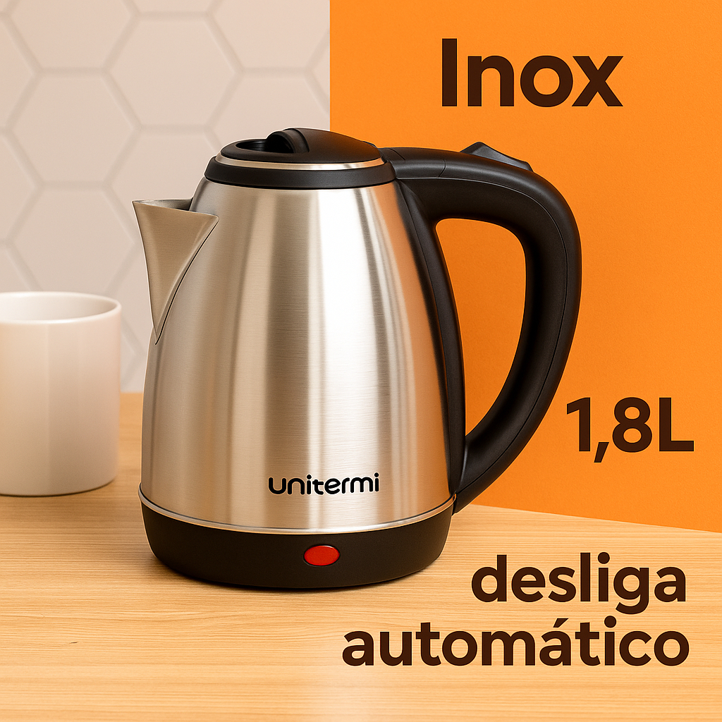 Chaleira Elétrica Inox 1,8L - 110V/220V - Ferve Rápido - Desligamento Automático - Unitermi Atacama