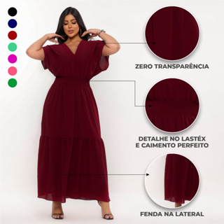 Vestido Feminino Longo com Babado Elegante Gola V Evangélico no Dunas com Lastéx Confortável Não Amarrota em Oferta na Shopee