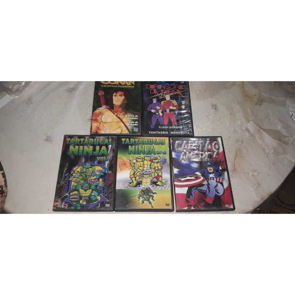 Lote de 5 DVDs de animação clássicas - Conan, Capitão América, Tartarugas Ninjas e Defensores da Terra