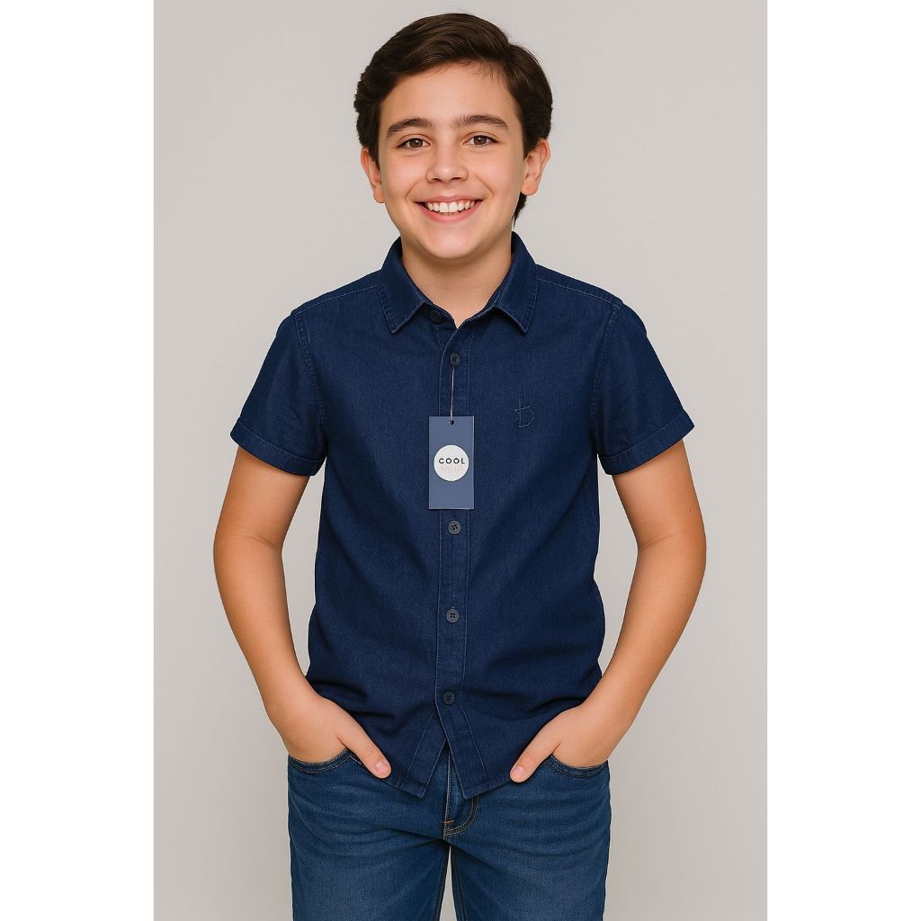 Camisa Jeans Manga Curta Masculino Juvenil Infantil Com Elastano