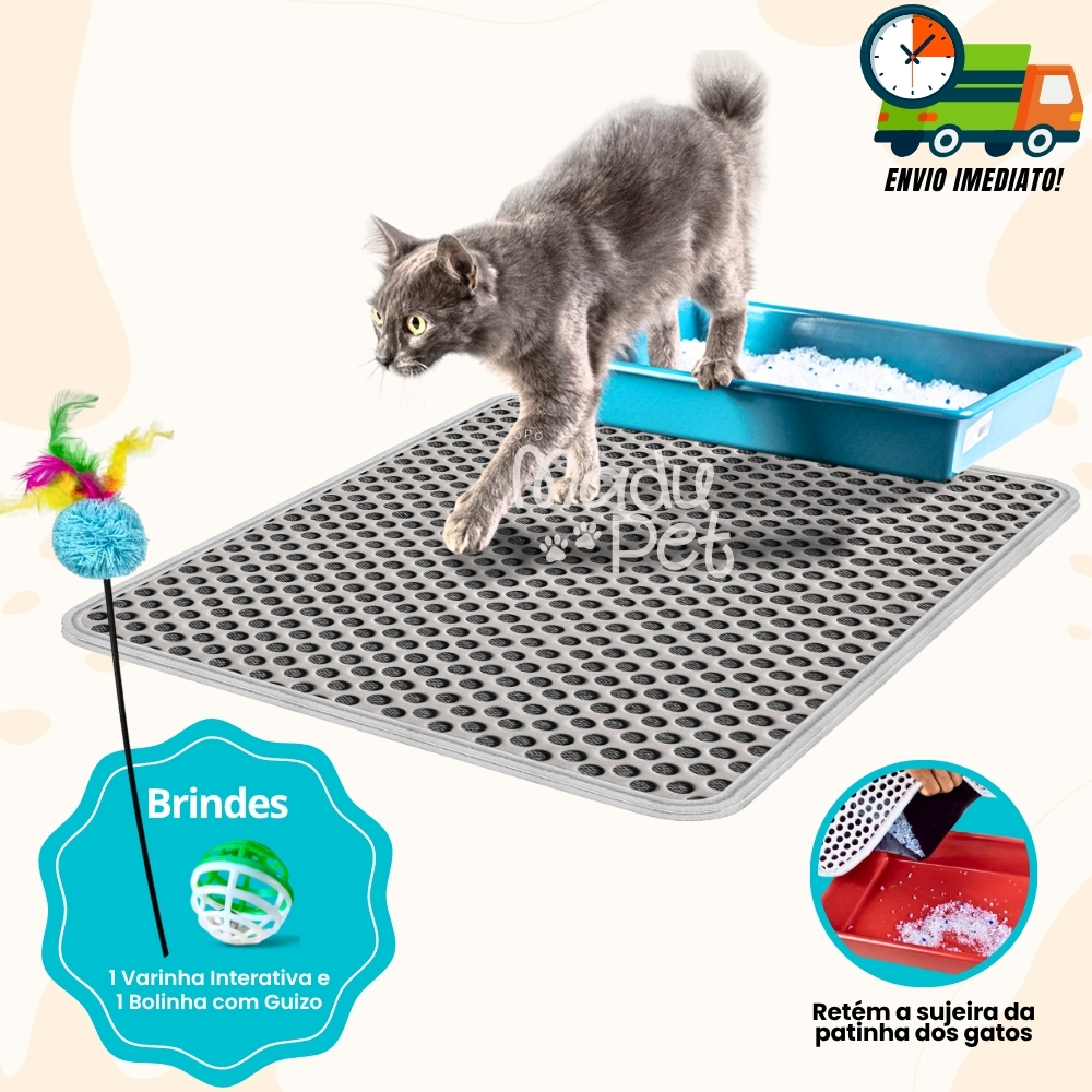 Tapete Coletor de Areia Para Gatos Limpa Patas + Bolinha Guizo + Varinha Interativa Promoção