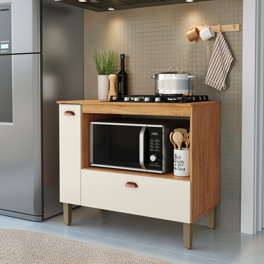 Imagem AJP MóveisBalcão De Cozinha Aurora Para Cooktop 4 Ou 5 Bocas Com 2 Gavetas 1 Porta E Nichos Para Forno Com Pés Em Pvc