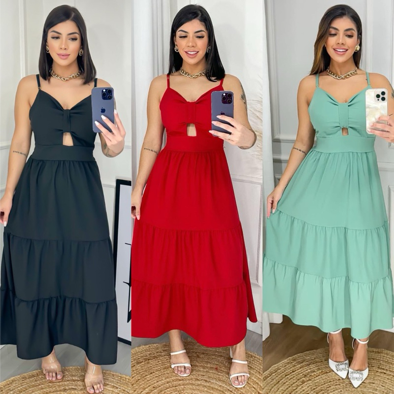 Vestido Mídi Longo Feminino Ajustável na Alcinha com Bojo em Oferta na Shopee