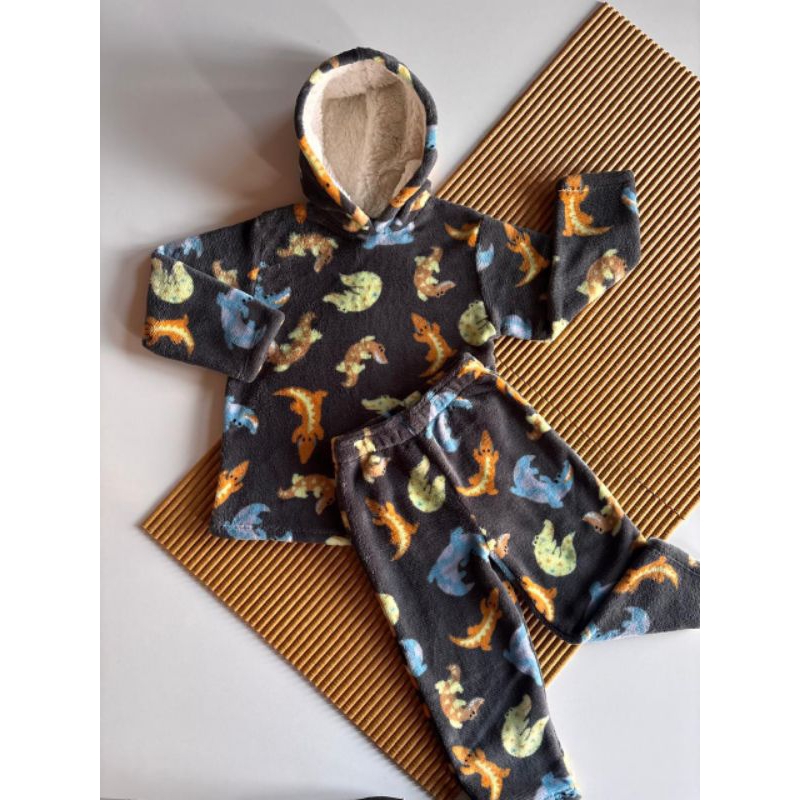 Conjunto de blusa e calça para meninos super pelúciado e quentinho com Teddy no capuz em Oferta na Shopee
