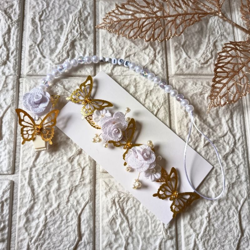 Kit Tiara + Prendedor de Chupeta Jardim Encantado Branco com Dourado ✨ Super Luxo By Laçarotes