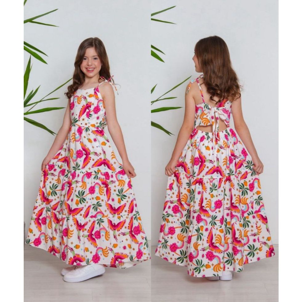 Vestido Farm Infantil Feminino Longo Estampado de Verão com Alças Reguláveis – Moda Menina Casual e Festa