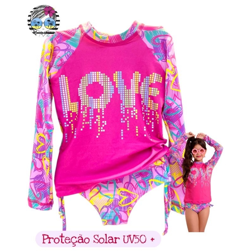 Conjunto Biquíni e Blusa com Proteção Solar UV50+ Infantil Juvenil Tamanhos 12 e 14