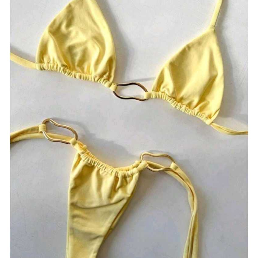 Conjunto de Biquini Praia Feminino Fita Fio Dental com Fivela Orgânica, Laço e Decoração Metálica, Praia Verão 2025 em Oferta na Shopee
