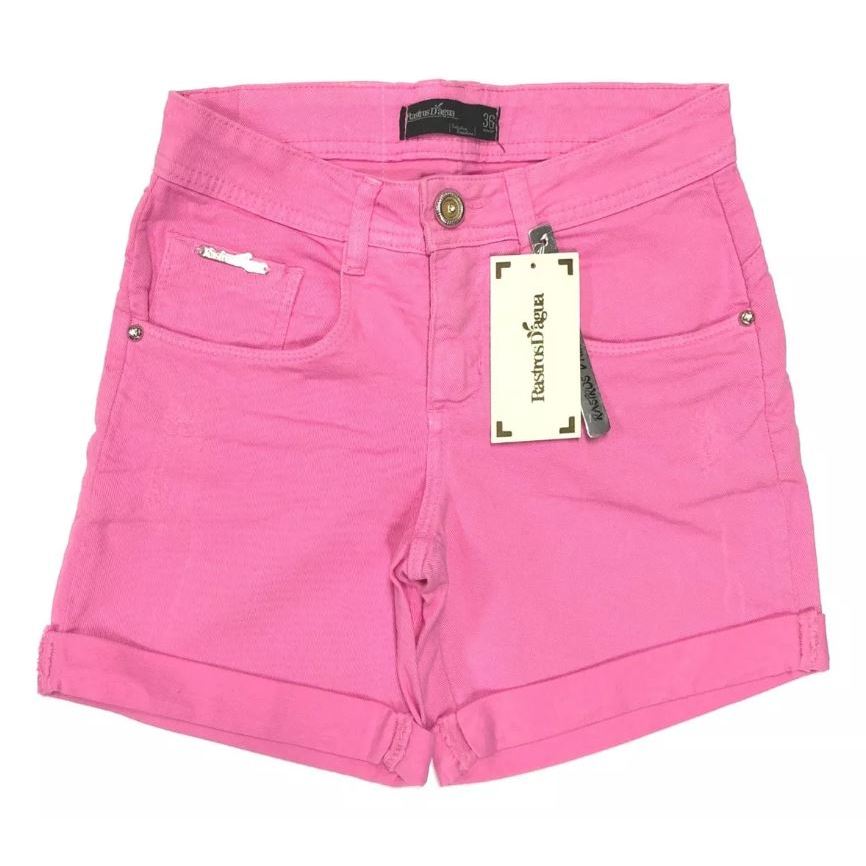 Bermuda Short Feminino Boyfriend Brim Rosa Lycra Cós Médio