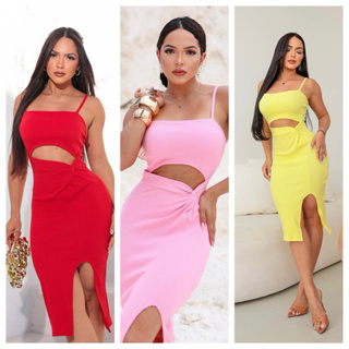 Vestido Midi Feminino Justo com Alça Fina, Recorte na Cintura e Fenda Elegante em Oferta na Shopee