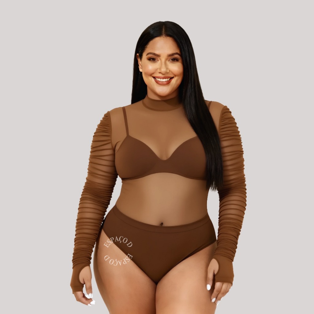 Body Feminino Plus Size Tule Manga Longa Bufante Trançado Decotado Gola V Moda Blogueira - Mila