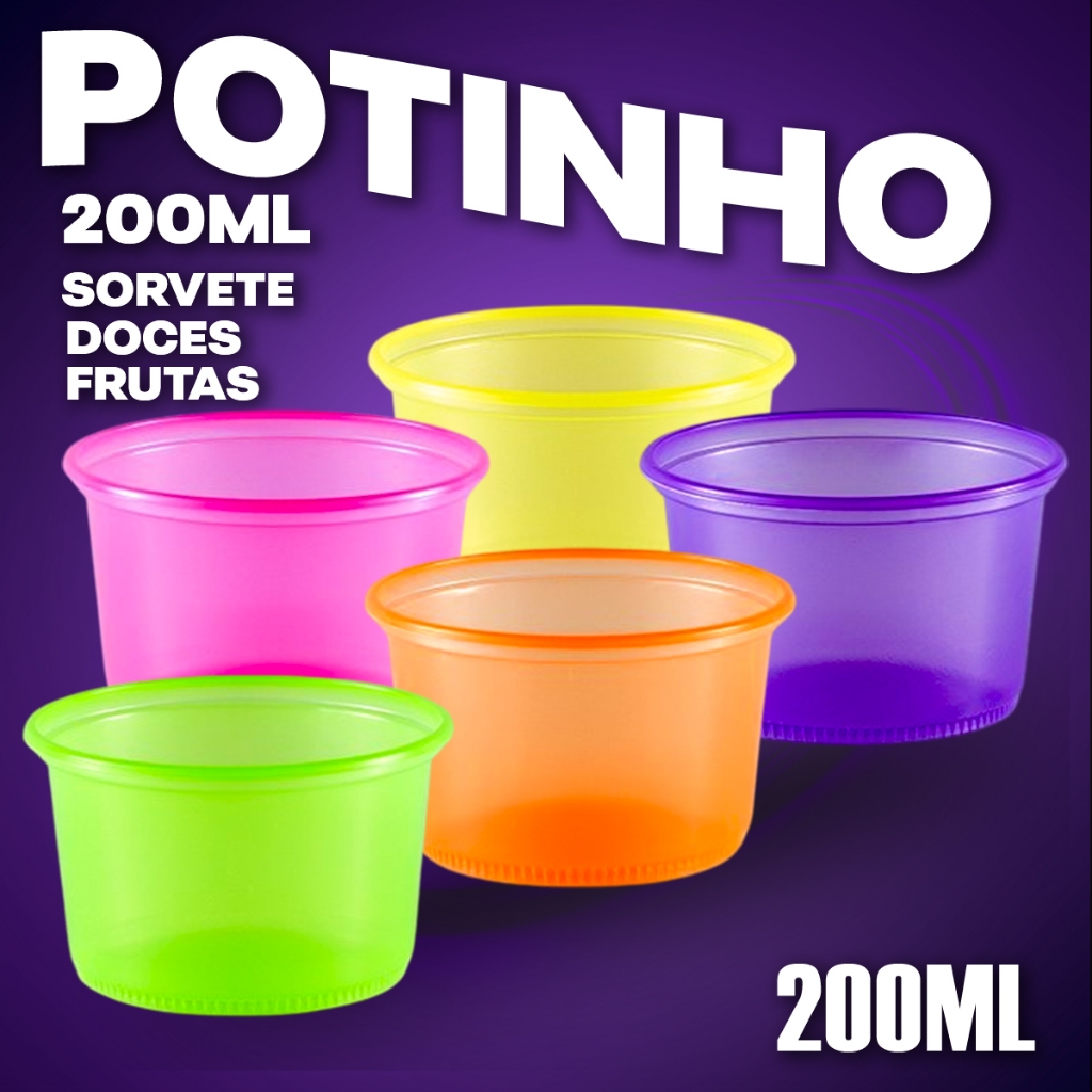 50 Potinhos 200ml Neon Diversas Cores Para Sorvete Açai Doces