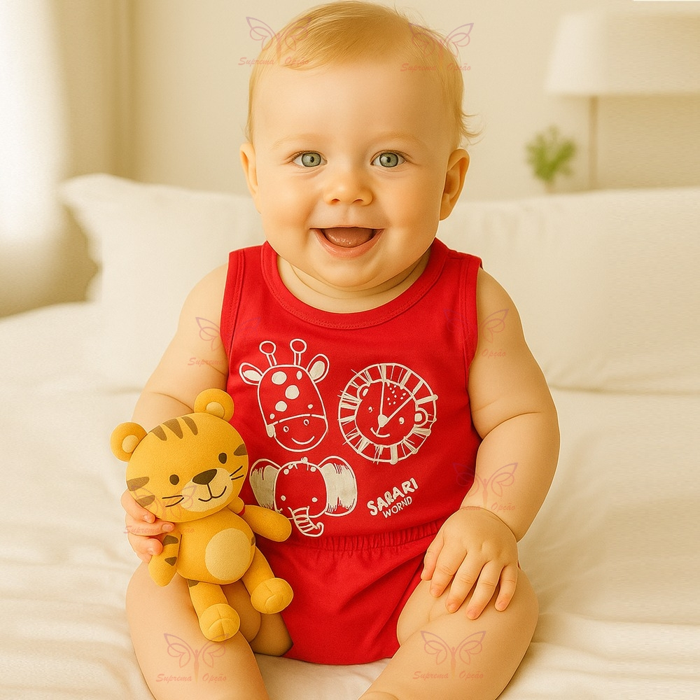 Conjunto Regata + Tapa Fralda Bebê Menino Estampado 02 a 05 Meses 100% Algodão Confortável
