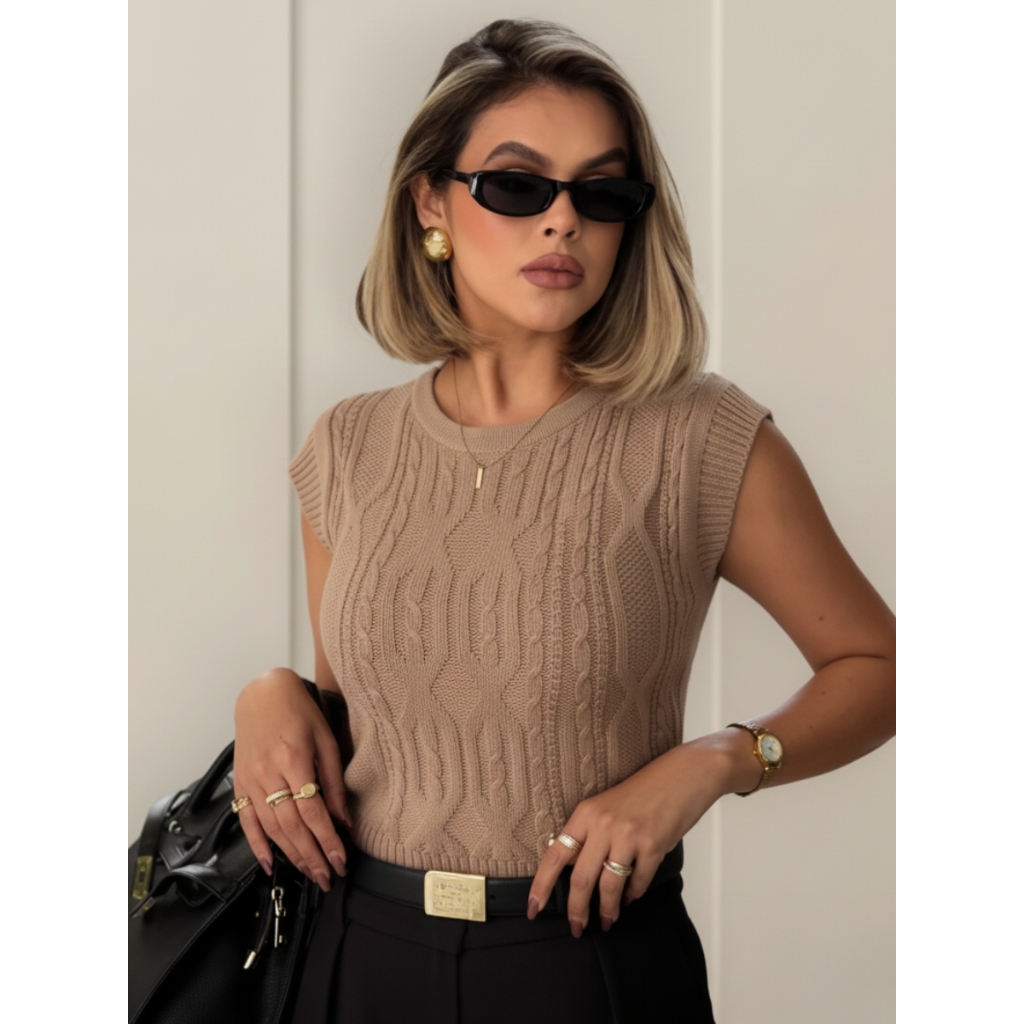 Cropped Feminino Tricot Modal Manga Curta Gola Redonda