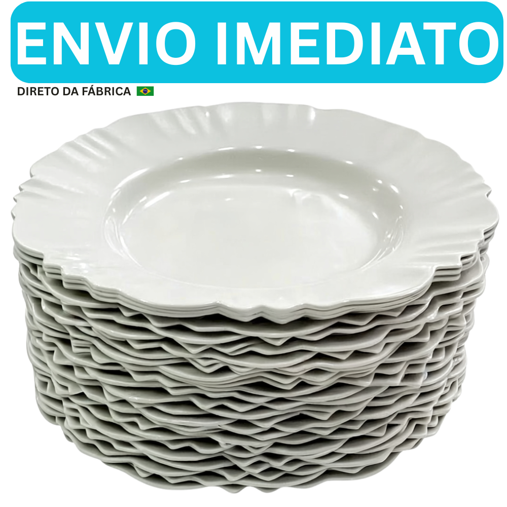 Kit 50 Prato Fundo com Borda Branco Refeição Churrasco Festa Pratos Plastico