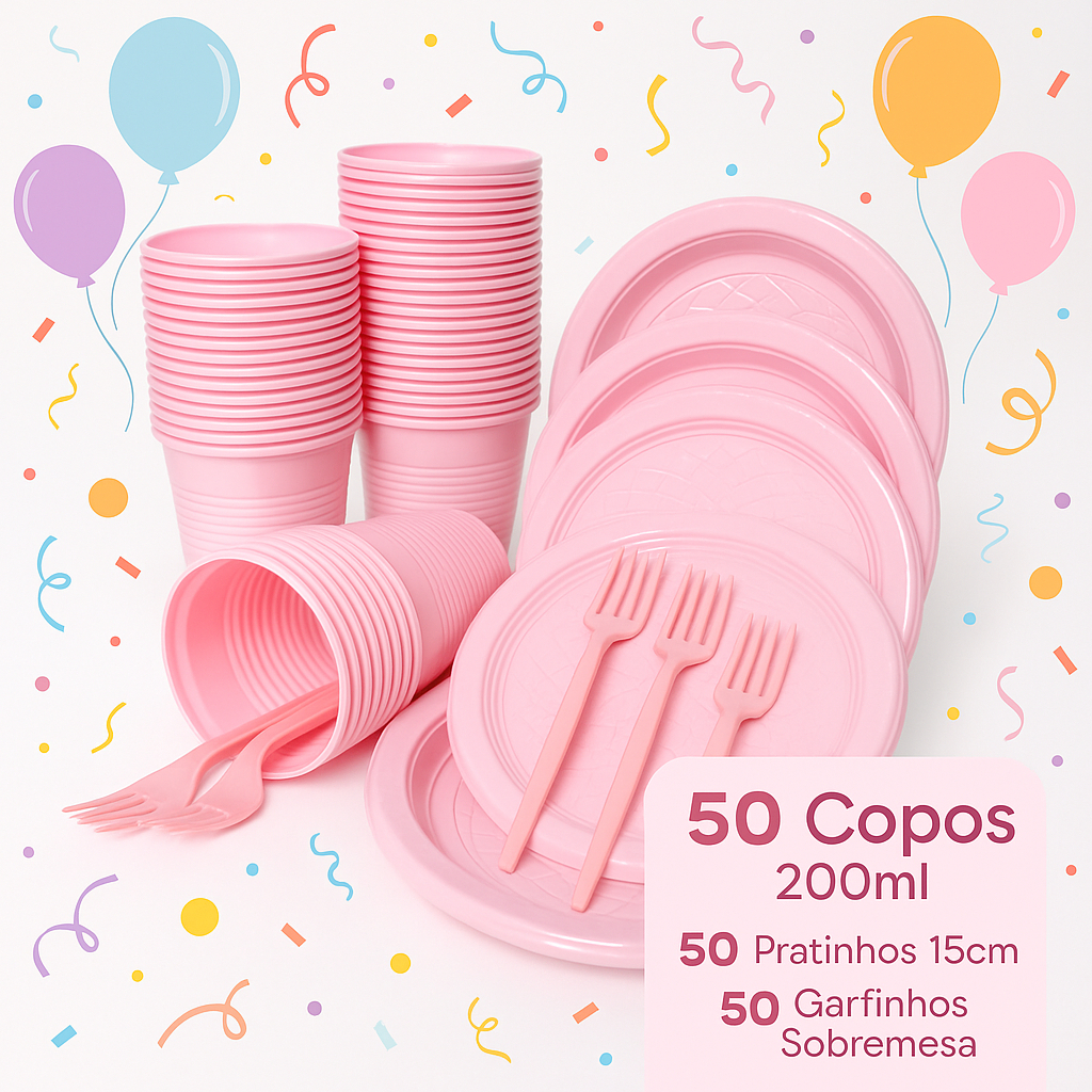 Kit Festa Colorido - Copo, Garfinho e Pratinho 50 UN - DIVERSAS CORES em Oferta na Shopee