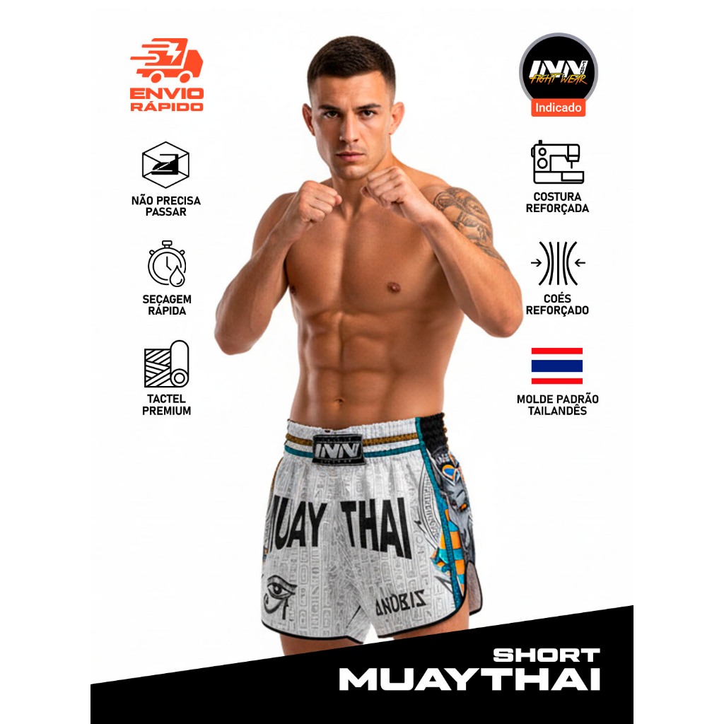 Short Muay Thai Boxing Tailandês Curto Anúbis Branco e Preto em Oferta na Shopee