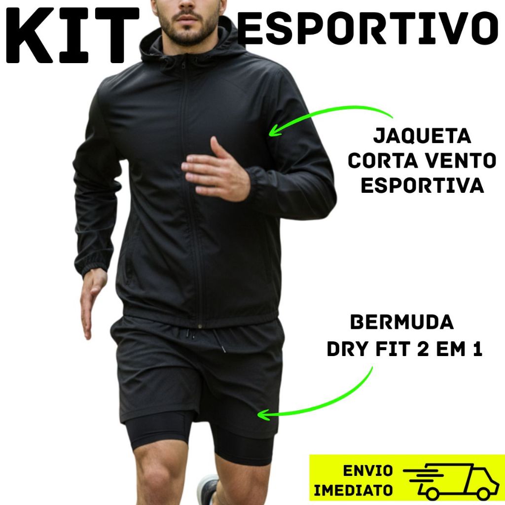 Kit Esportivo Masculino Jaqueta Corta Vento + Bermuda Dry Fit 2 em 1 Academia Corrida Treino Fitness