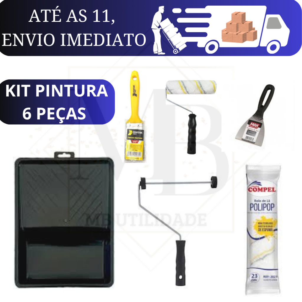 Kit Pintura 6 peças - Casa\Reforma Parede Sem Respingo Rolo Anti Respingo, Pincel, Espátula, Bandeja