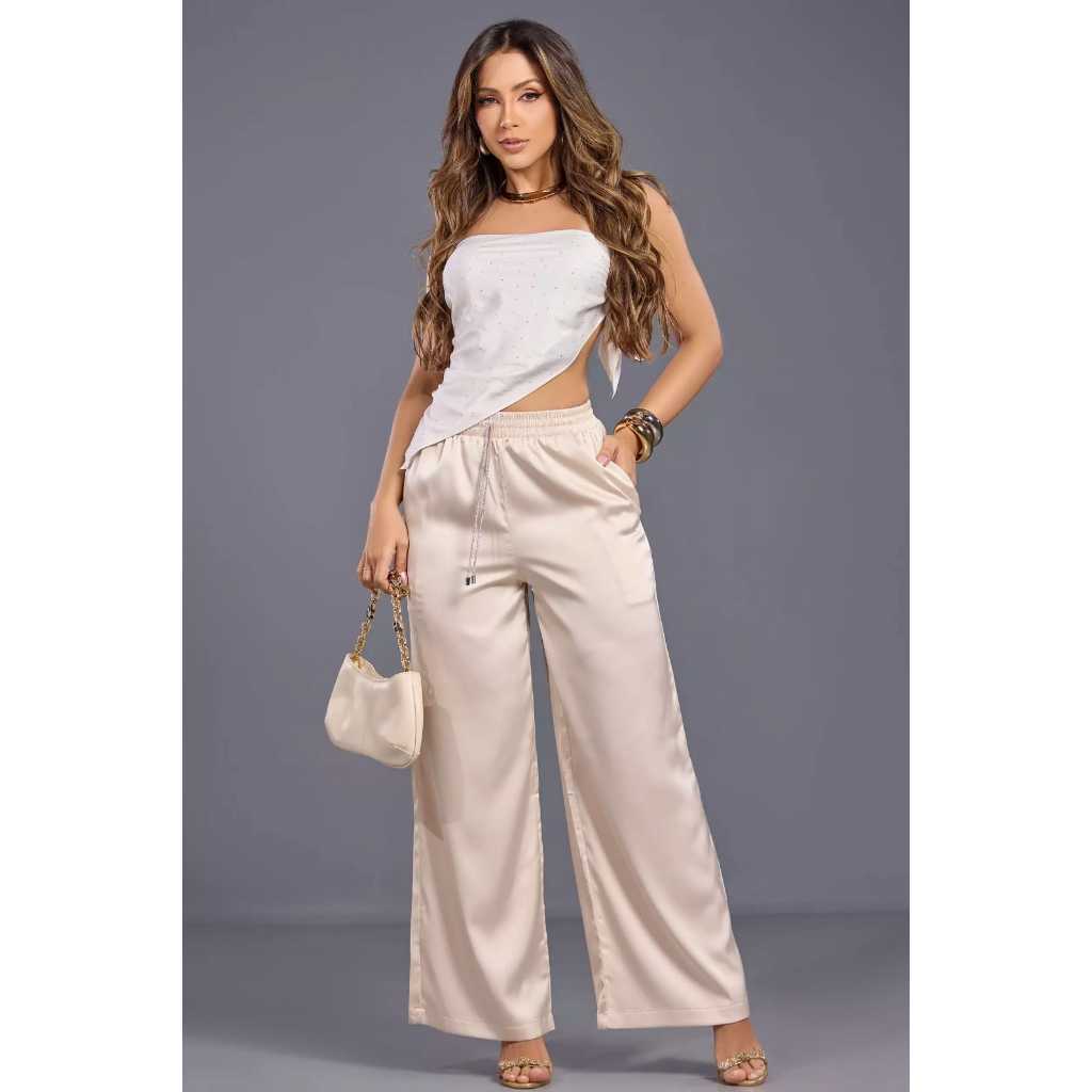 Calça Feminina Wide Leg Acetinada e Sofisticada Empório Pit Bull Ref: 90558