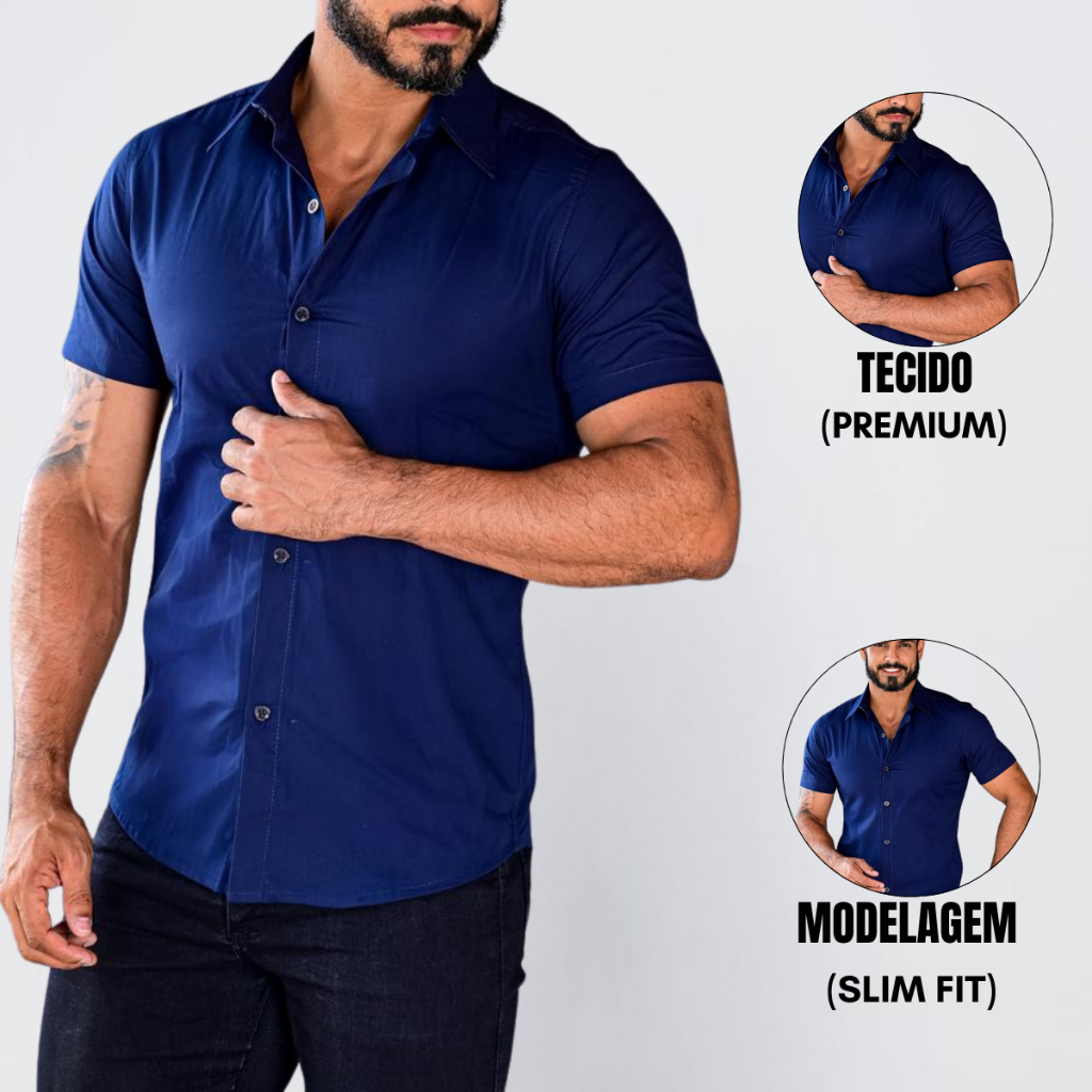 Camisa Social Masculina Tricoline Luxo Slim Fit Manga Curta Premium em Oferta na Shopee